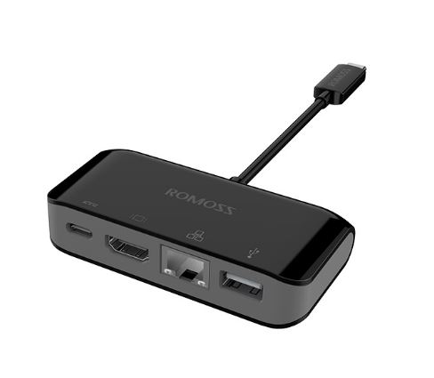 Romoss USB-C HDMI 4K USB-A Gigabit Ethernet USB-A 3.0/F multiadapteri - musta