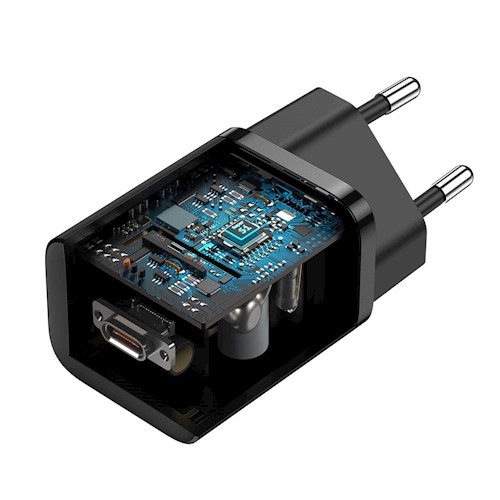 Baseus Super Si PD 25W seinälaturi 1x USB-C + USB-C - USB-C kaapeli musta
